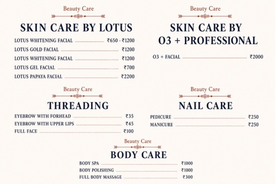 Lotus facial, threading, nail and body care prices