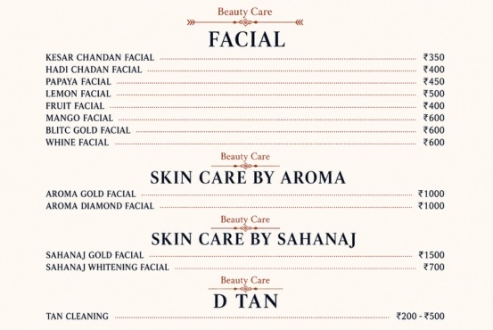 Facial and skin care service price list